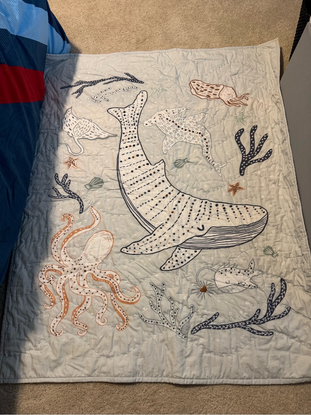 Crate&Barrel Whale & Sea Life Quilted Throw - Blue, White, Orange